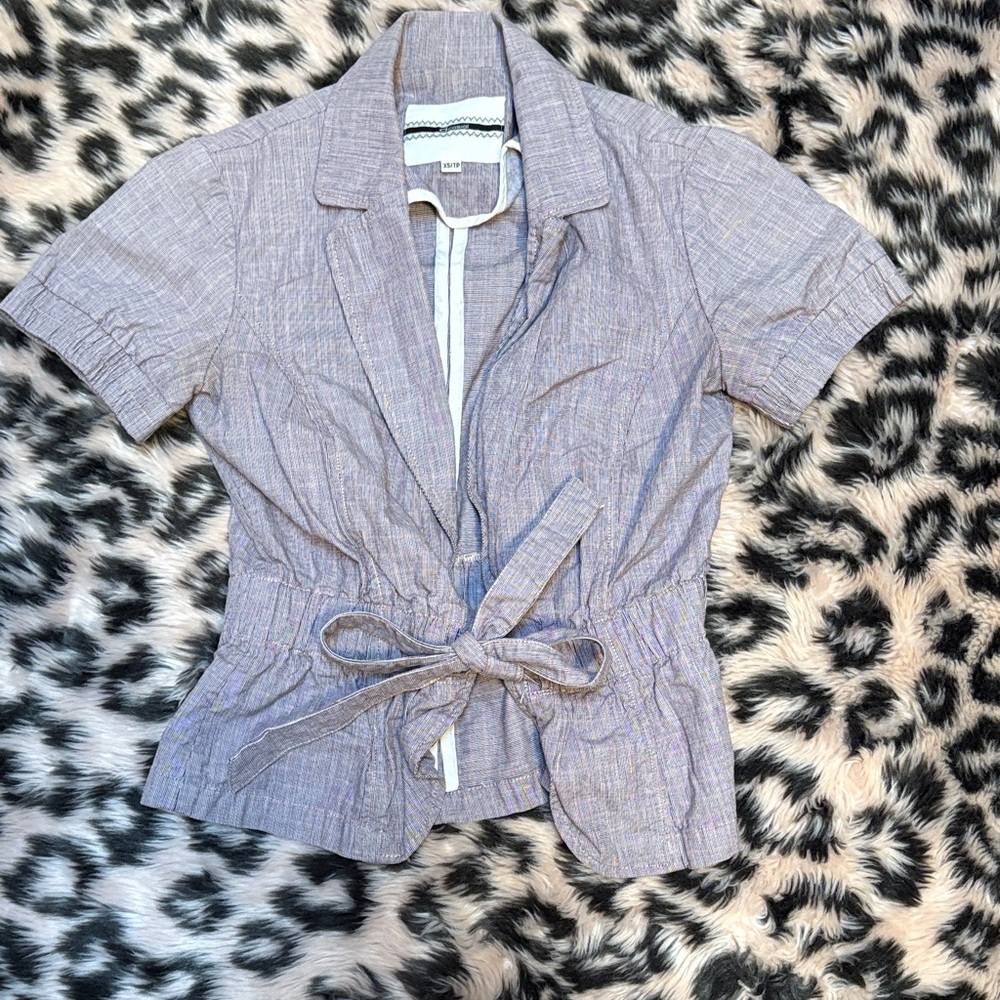 Dcasual Women's Gray/Purple Plaid Short Sleeve Cotton Blazer with Tie Waist